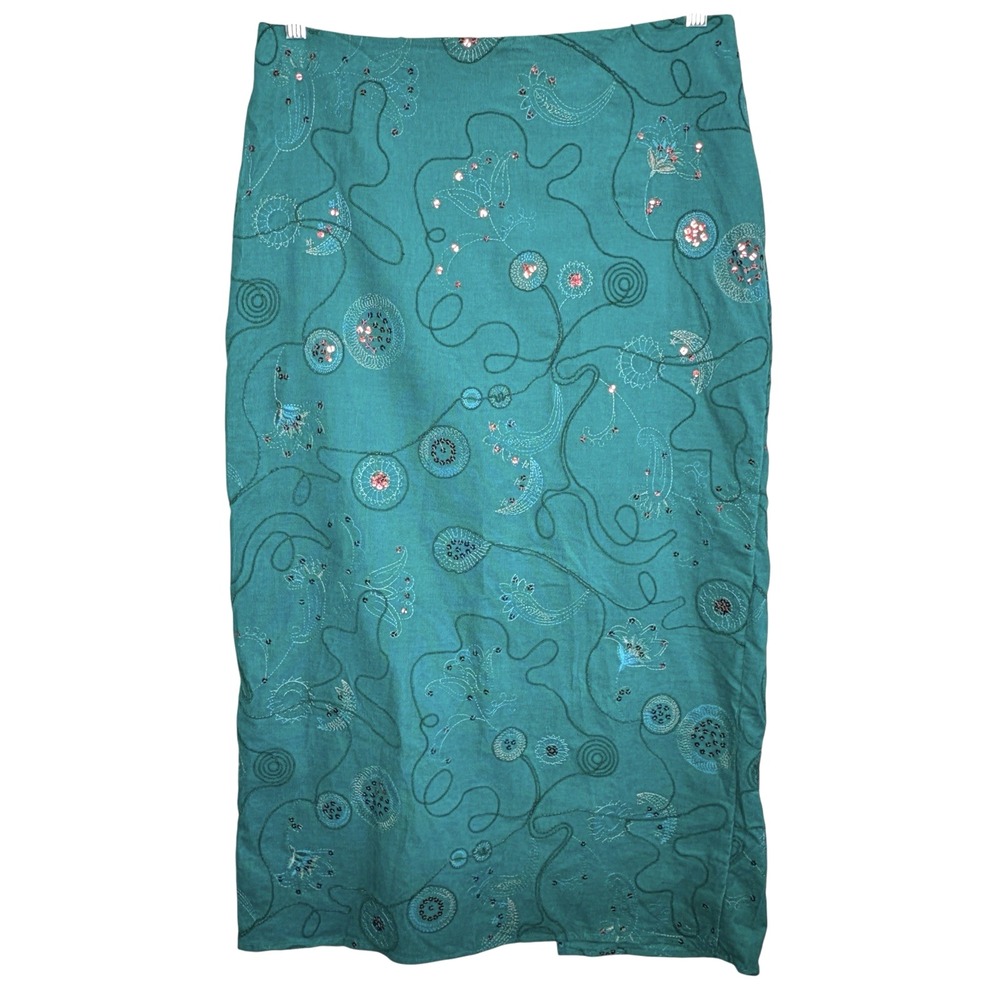 Urban Renewal Boho Floral Sequin Artsy Corduroy Skirt L Embroidered Upcycle Midi